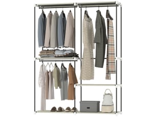 Armoire ouverte avec 4 étagères en tissu, 3 tringles à vêtements, structure métallique, 142 x 43 x 185 cm, crème