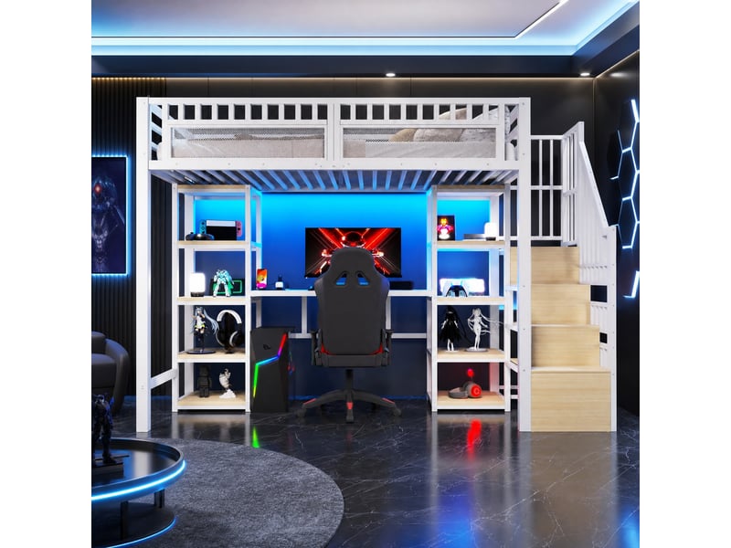  Lit mezzanine 90x200 cm avec bureau, éclairage led en métal et mdf blanc  - Conforama B