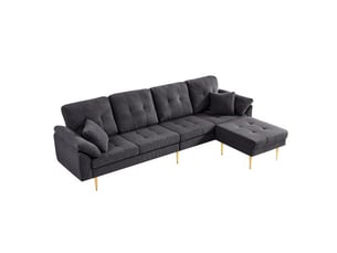Canapé d'angle 4 places en tissu cordon avec pouf flexible, convertible en l, coussins épais moelleux, pieds en fer 20 cm, 250 cm, pour salon