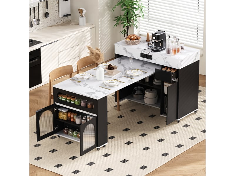  Desserte de cuisine extensible avec 1 tiroir, rangements et roulettes en mdf 50,5 à 187,5×110,5×95,5 cm noire  - Conforama B