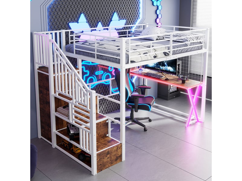  Lit mezzanine 140x200 cm avec led, escalier de rangement, bureau, armoire, rangements mdf métal blanc sans matelas  - Conforama D