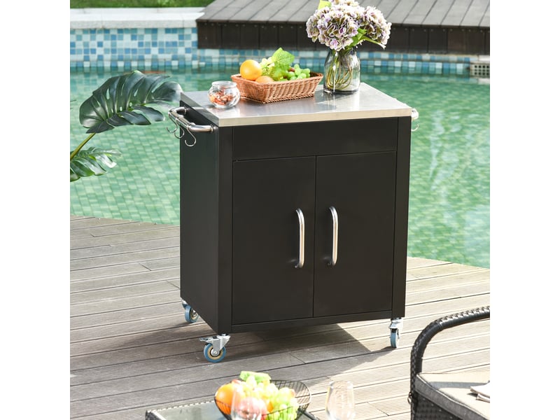 Desserte de cuisine avec placard, 6 crochets et 4 roulettes, plateau inox pour cuisine 86×50×86,5 cm noir - Conforama C