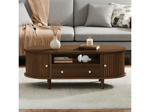Table basse 100x50x40, couleur noyer table basse salon, tiroir rangement ouvert, porte roulante 4 pieds