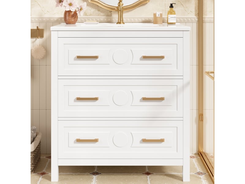 Meuble vasque salle de bain blanc 76,5 cm avec lavabo céramique intégré, 3 tiroirs silencieux - Conforama B