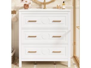 Meuble vasque salle de bain blanc 76,5 cm avec lavabo céramique intégré, 3 tiroirs silencieux