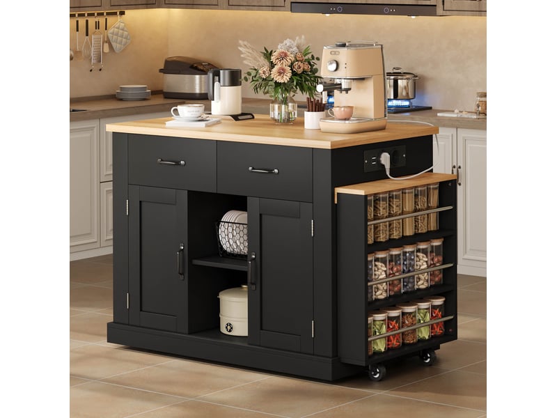  Îlot de cuisine mobile avec table coulissante, mdf noir, 132 x 60 x 93 cm  - Conforama D