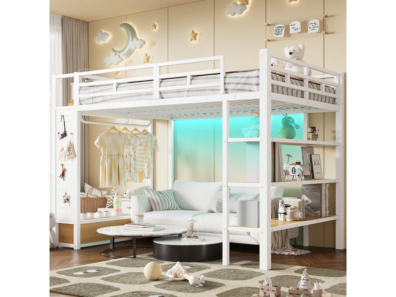 Lit mezzanine 140x200 cm blanc, avec penderie, rangements, 2 tiroirs, étagères, panneau perforé, led 7 couleurs, structure métal, sommier inclus, sans matelas - Conforama R