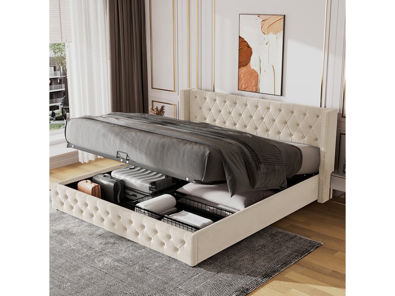 Lit coffre rembourré 140x190 cm avec rangement hydraulique, lit double en velours avec tête de lit à oreilles, capitonnage et doubles clous, beige Seren Glow - Conforama B