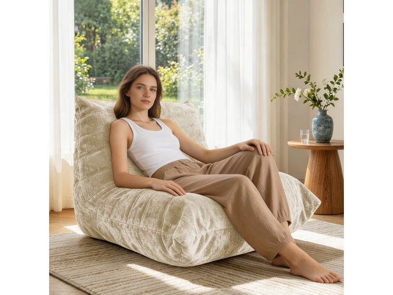  Fauteuil 1 place - 100x90x80cm - fauteuil pouf chenille lumineux avec mousse haute résilience - beige  - Conforama C