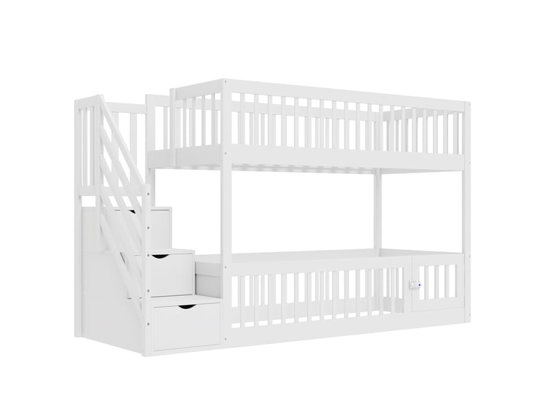 Lit superposé 90x200 en bois massif blanc avec échelle et rangements pour enfant - Conforama A
