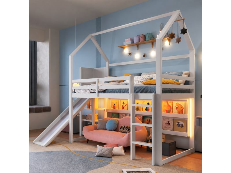  Lit mezzanine enfant 90 x 200 cm avec toboggan, rangements et led, blanc  - Conforama B