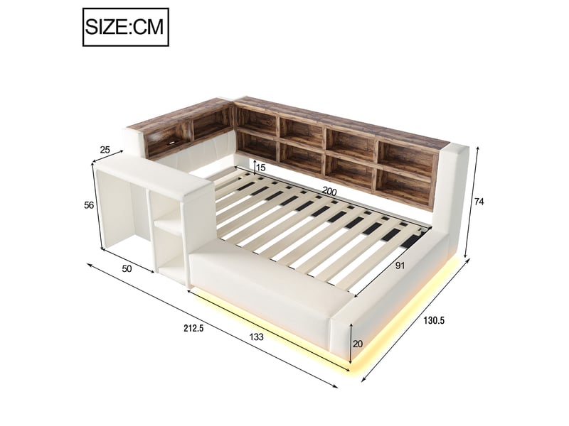  Lit, 90x200 cm, espace nuit, doté de solutions de rangement à plusieurs niveaux, led, matelas non inclus, coloris beige  - Conforama C