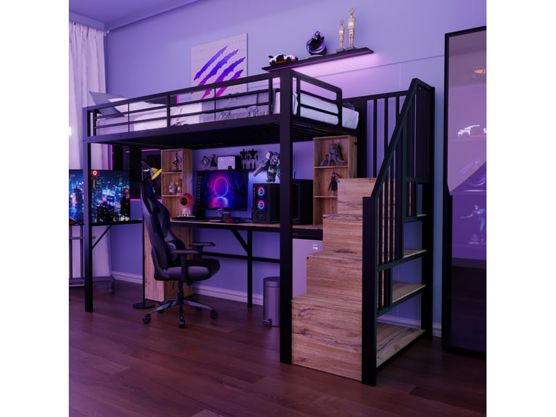  Lit mezzanine 90x200 cm avec bureau et rangements, port usb en métal et bois noir  - Conforama B