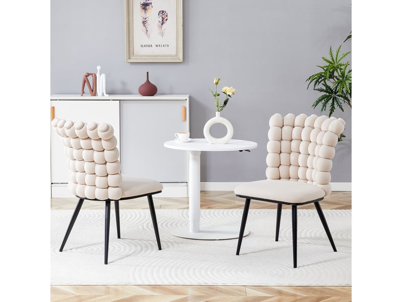  Lot de 2 chaises 54x48x88 cm, dossier perlé, style moderne confortable blanc cassé en velours, pieds métal noir  - Conforama E
