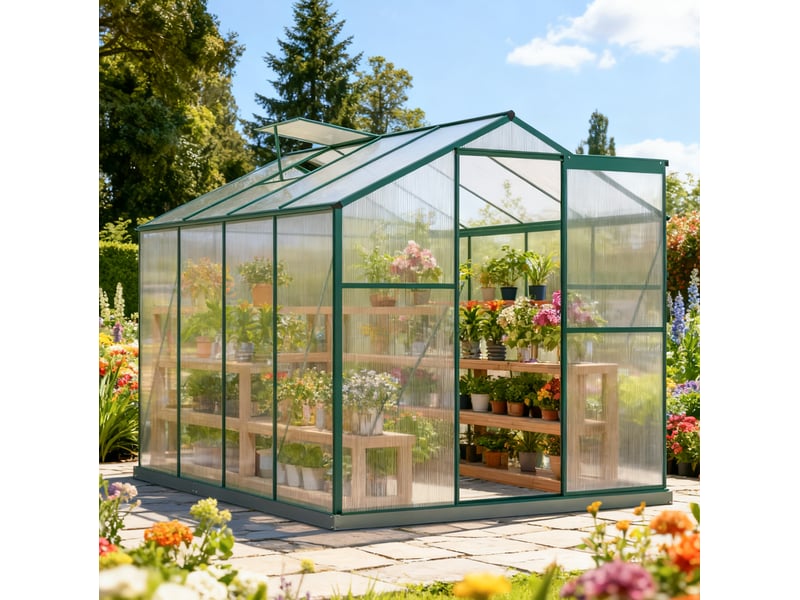  Serre de jardin 253x190 cm avec fenêtre de toit et porte coulissante, métal, argenté  - Conforama B