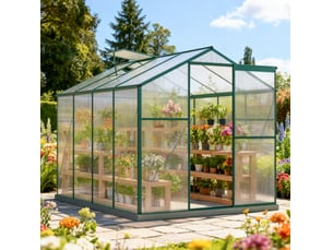 Serre de jardin 253x190 cm avec fenêtre de toit et porte coulissante, métal, argenté