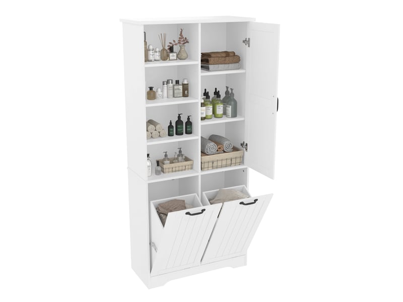  Armoire de salle de bains blanche en mdf avec 2 paniers à linge, rangements ouverts et étagères réglables  - Conforama A