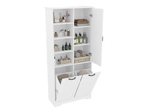 Armoire de salle de bains blanche en mdf avec 2 paniers à linge, rangements ouverts et étagères réglables