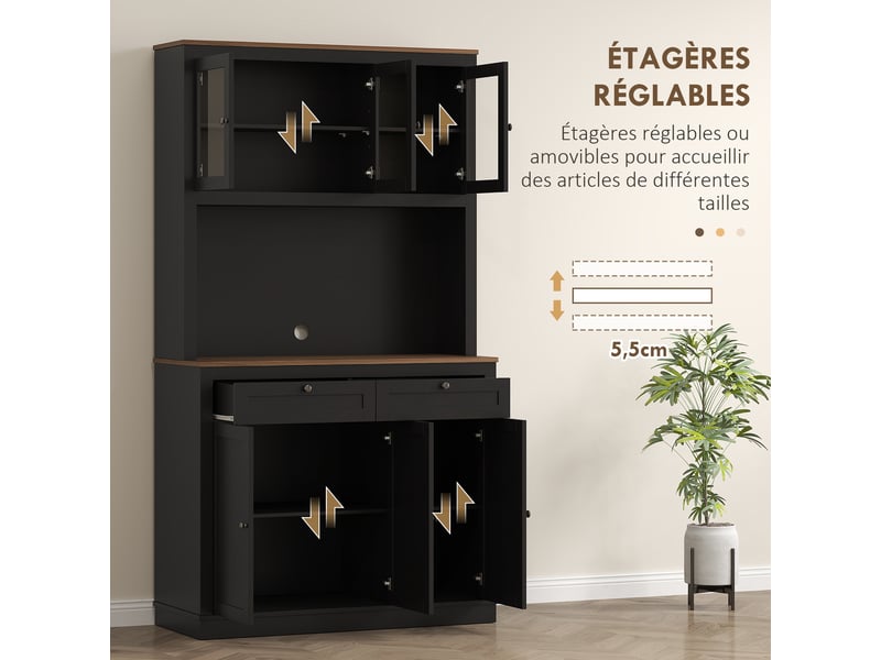  Buffet haut cuisine, armoire de cuisine, 6 portes, 2 tiroirs, plan de travail, étagères réglables, 100x40x180cm, noir  - Conforama E