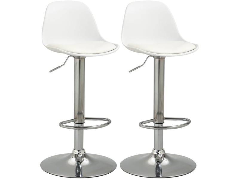 Lot de 2 tabourets de bar pivotants avec dossier, hauteur réglable et repose-pieds en similicuir blanc et acier - Conforama A