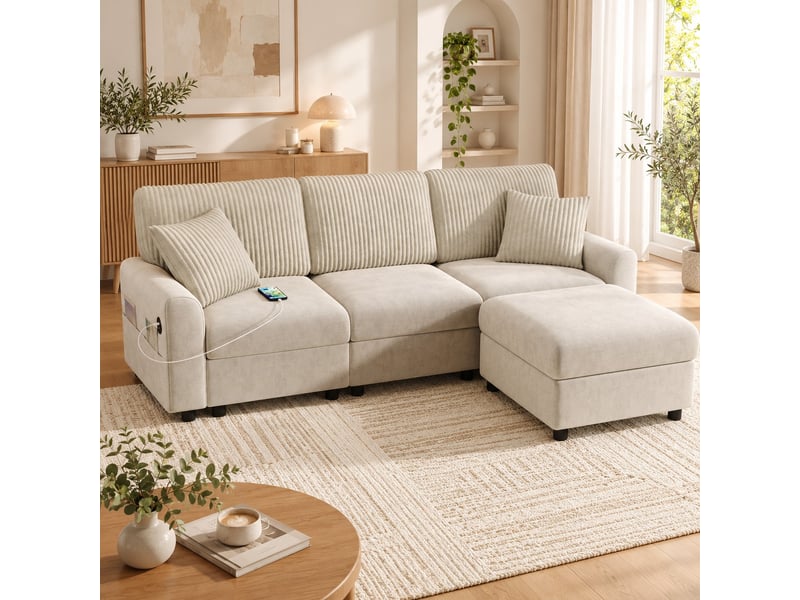 Canapé beige en chenille et velours côtelé avec pouf mobile, 2 coussins, port usb et usb-c, 223 cm - Conforama E