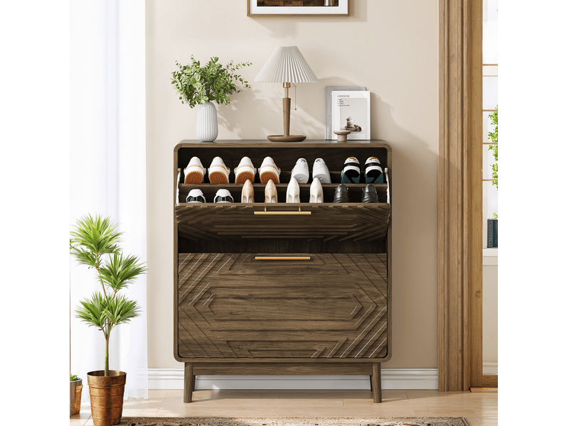  Meuble à chaussures en mdf bois foncé, 2 portes abattantes, 80 cm de large, rangement pour l'entrée  - Conforama B