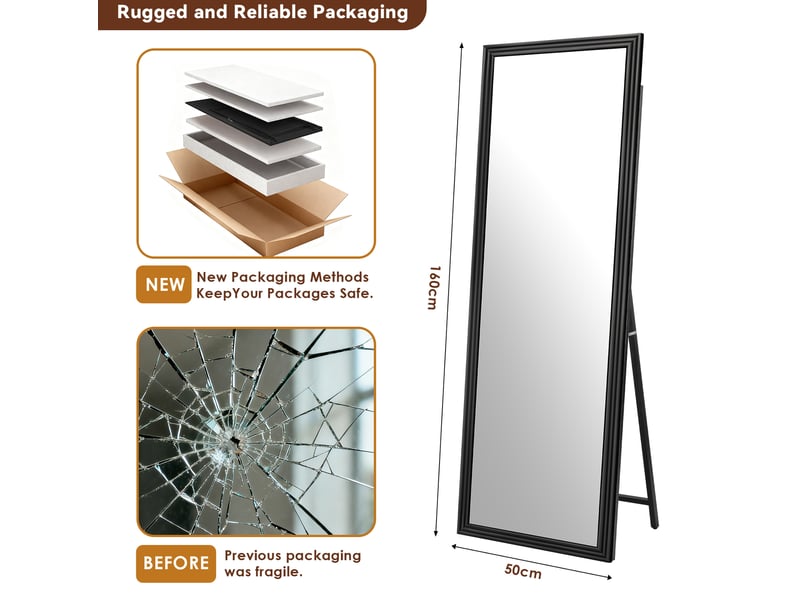  Miroir sur pied pleine longueur 50x160 cm support métallique réglable bois métal noir  - Conforama D