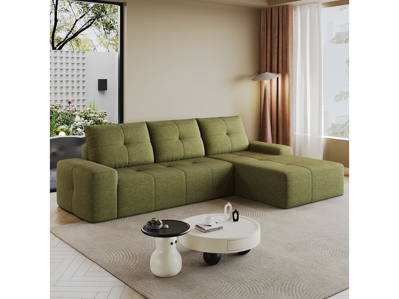  Canapé d'angle 262 cm en l avec méridienne à droite, canapé nuage en mousse compressée sous vide, design confortable pour salon, vert olive Seren Glow - Conforama B