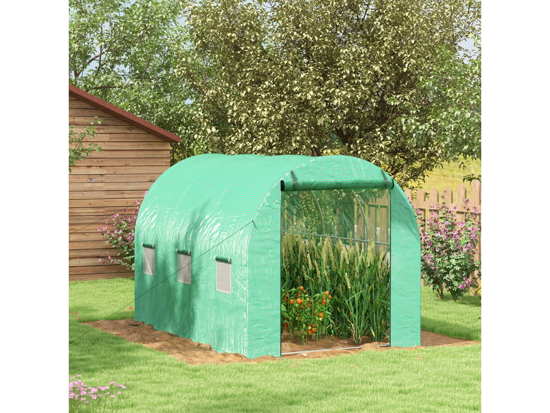  Serre de jardin tunnel 6 m² avec système d'arrosage intégré, 3l x 2l m 6 fenêtres porte enroulable vert  - Conforama C