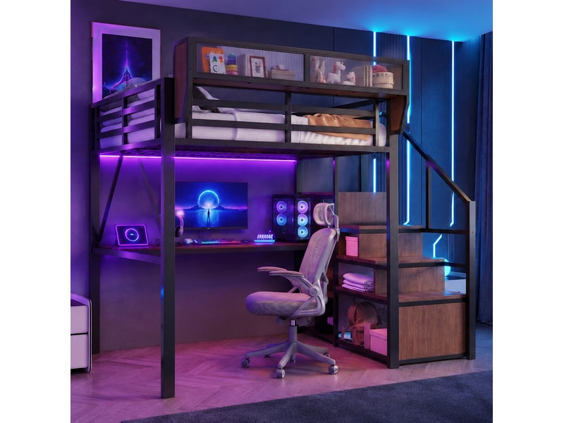  Lit mezzanine 140x200 cm, bureau long, led multicolore, échelle sécurisée, rangement modulable, métal noir sans matelas  - Conforama D