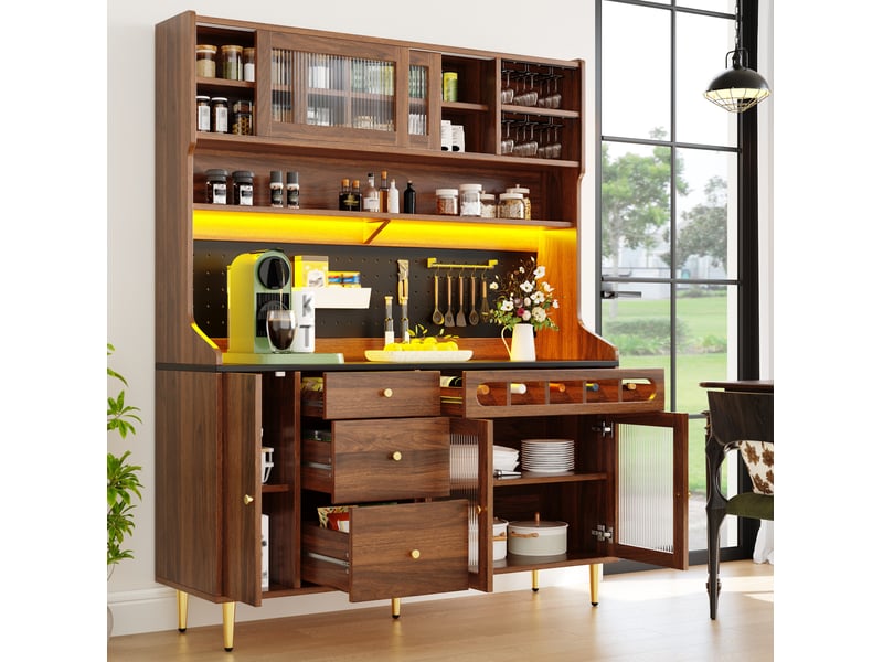  Buffet haut 145 x 39 x 171 cm avec led, étagères réglables et range-bouteilles noyer  - Conforama B
