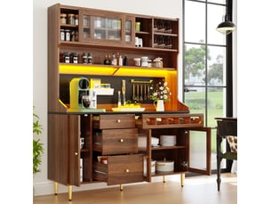 Buffet haut 145 x 39 x 171 cm avec led, étagères réglables et range-bouteilles noyer