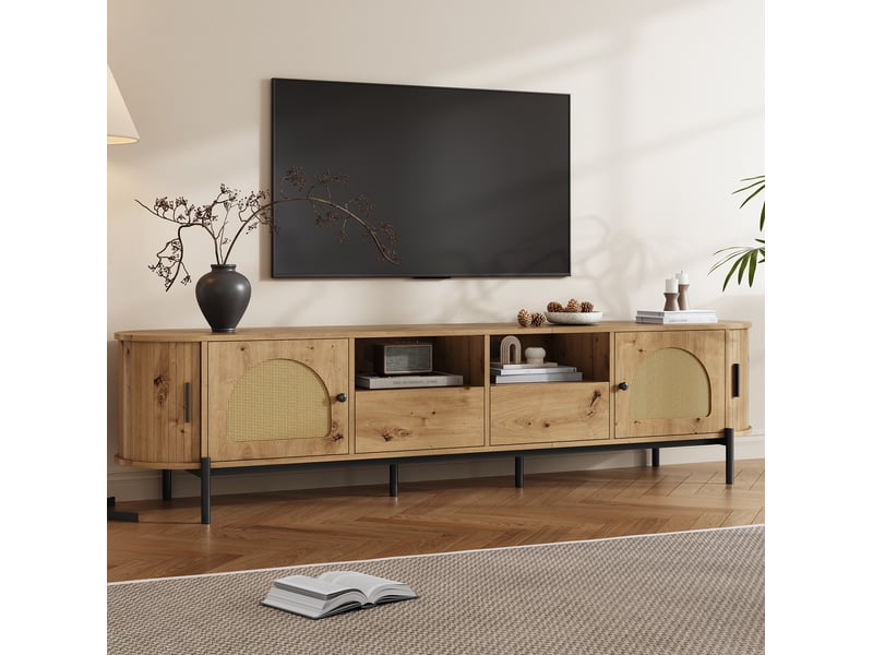  Meuble tv tcqpz ovale 200 x 40 x 49,5 cm en mdf naturel avec portes en rotin, tiroirs, rangements ouverts et passe-câbles  - Conforama B