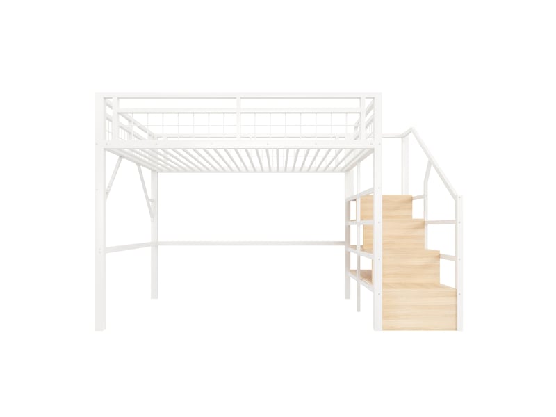  Lit surélevé 140 x 200 cm blanc, led, marches avec rangement, espace ouvert, structure métallique, sans matelas  - Conforama A