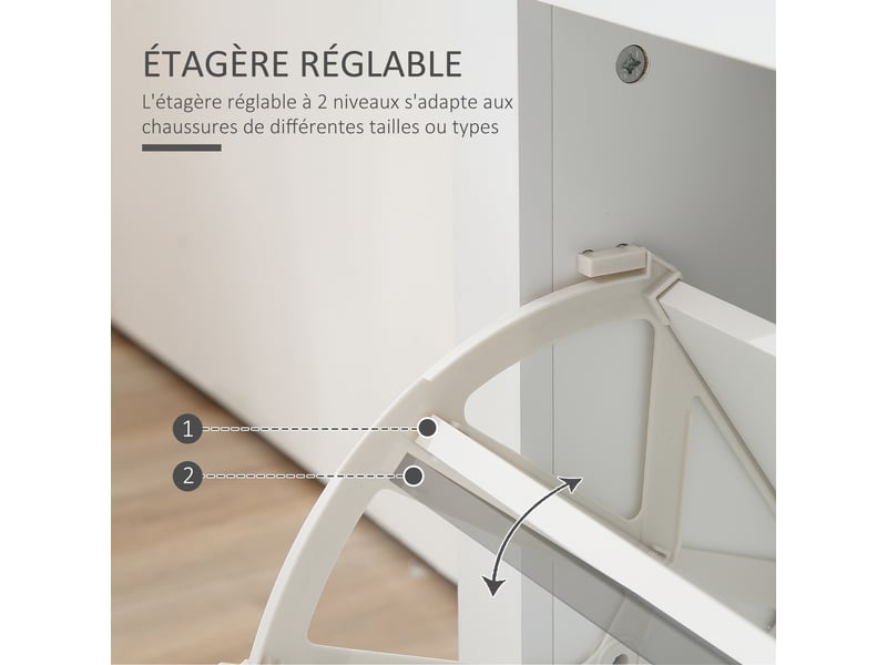  Meuble à chaussures 12 paires, armoire à chaussures étroite avec 2 tiroirs rabattables et étagères réglables, poignées coquilles métal, pour couloir, entrée, blanc et chêne, 79 x 23 x 90,5 cm  - Conforama E