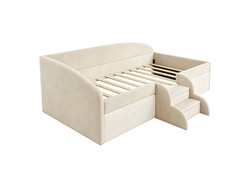  Canapé-lit 90x190 cm, lit enfant, velours beige, barrière antichute  - Conforama B
