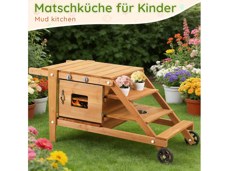  Cuisine d'extérieur enfant en bois avec roulettes et accessoires, dès 3 ans, pour jeux créatifs au jardin  - Conforama B