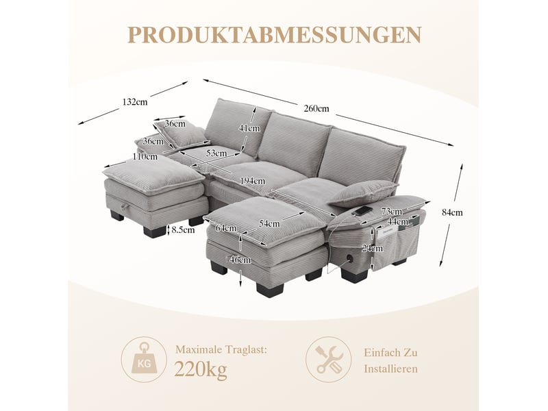  Canapé modulable 3 places en velours côtelé gris clair avec 2 poufs, usb-c et rangement pour le salon  - Conforama C