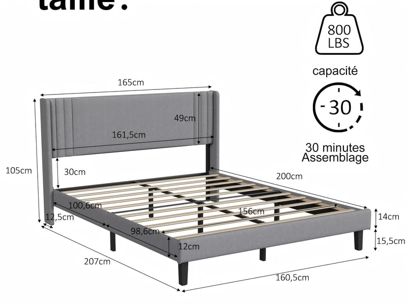  Lit coffre 140x200cm - lit 2 places - avec led - velours - beige, sommier à lattes (matelas non inclus)  - Conforama C