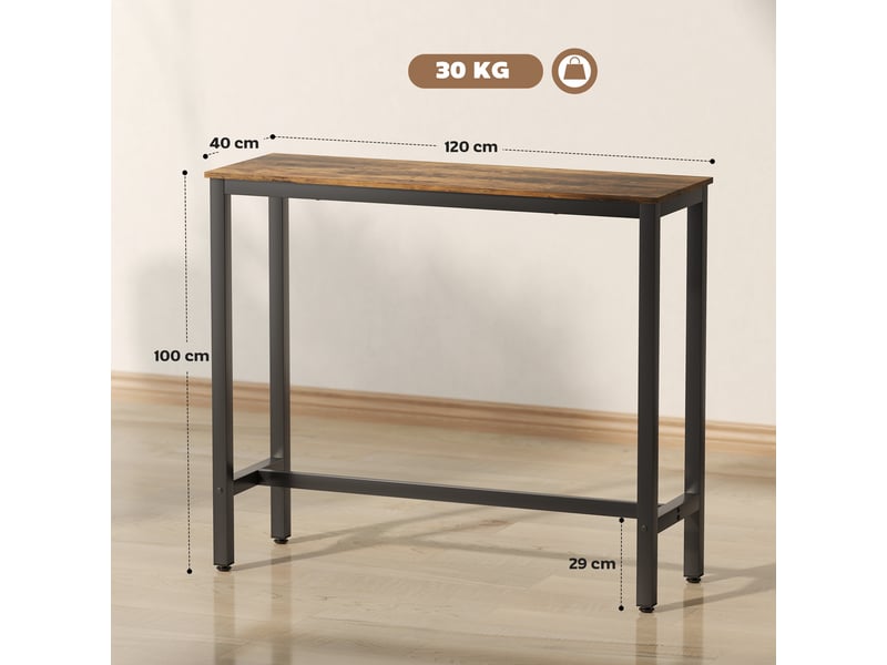  Table de bar rectangulaire haute de style industriel, acier et bois, 120 x 40 x 100 cm, marron rustique  - Conforama E