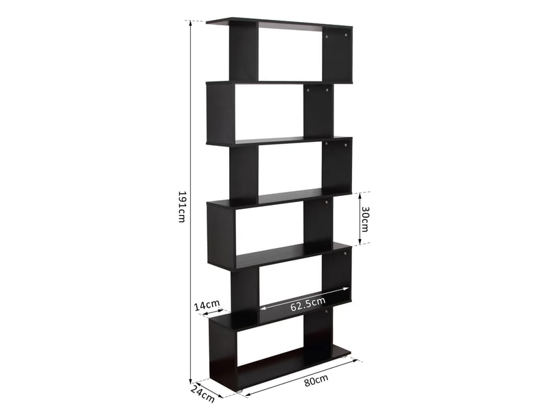  Bibliothèque design murale noire, 6 étagères, zigzag, bois, salonbureau, 80x24x191 cm.  - Conforama E