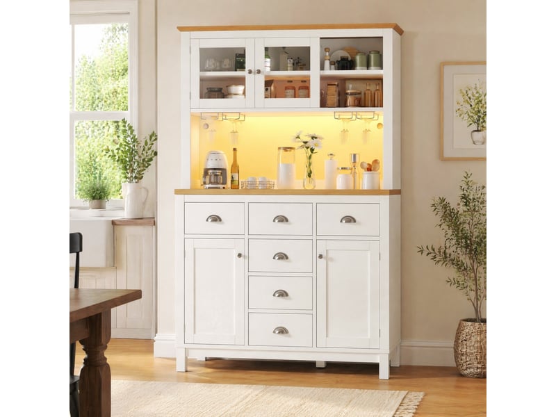  Buffet de cuisine 104x40x180 cm avec led,4 portes et 6 tiroirs, coloris blanc  - Conforama B
