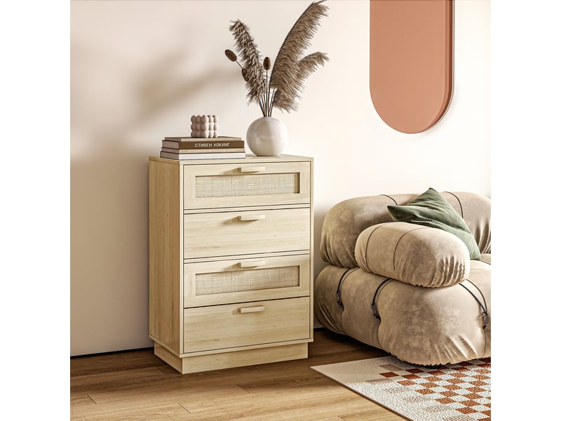  Commode design bohème en rotin avec 4 tiroirs, meuble de rangement pour le salon, le couloir, bois naturel, l'entrée  - Conforama D