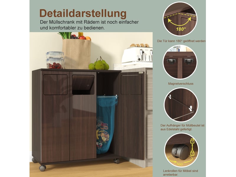  Meuble de tri des déchets 69,3x35x80 cm marron mdf, 3 portes sur roulettes verrouillables pour cuisine  - Conforama D