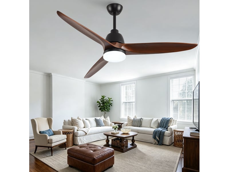 Ventilateur de plafond 142 cm avec led, télécommande, 6 vitesses, noyer et noir - Conforama E