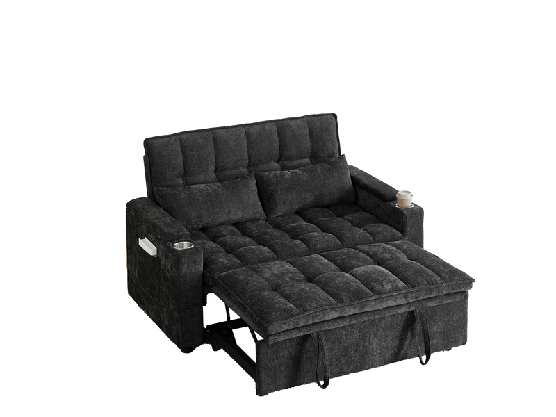  Canapé convertible 3 en 1 142x89x89 cm noir en chenille, rangement et deux porte-gobelets intégrés  - Conforama A
