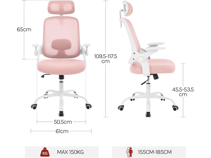 Chaise bureau ergonomique, en maille, appui-tête et accoudoirs réglables, hauteur réglable, rose  - Conforama E