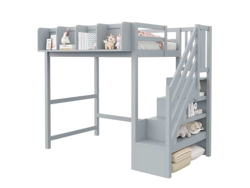  Lit mezzanine 90 x 200 cm avec led, rangements et échelle, gris, en bois  - Conforama A