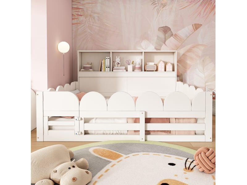  Lit au sol enfant 140x200 cm avec sommier, barrière, porte et étagère blanc  - Conforama C