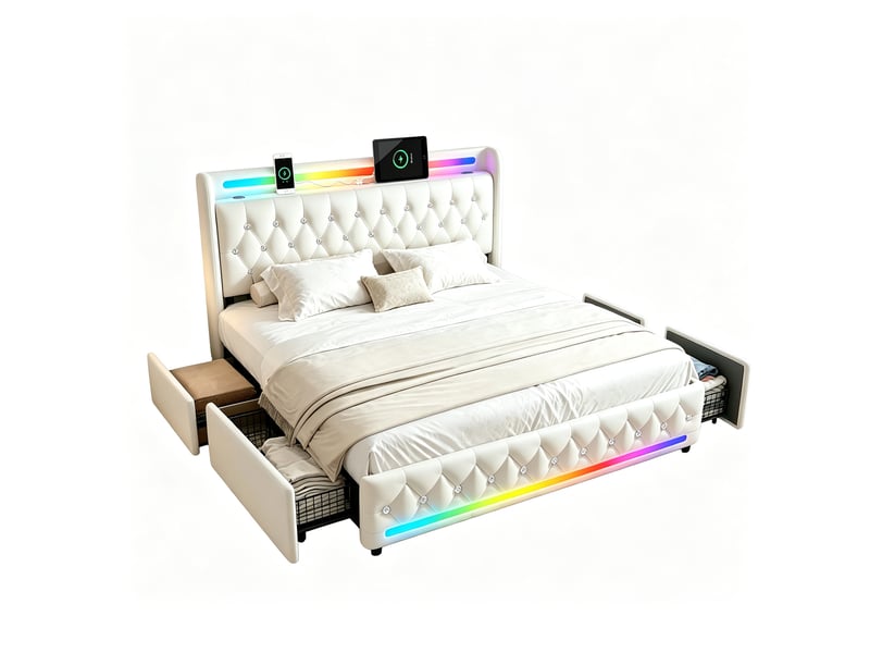  Lit 2 places 140x200 cm beige avec bluetooth, 4 tiroirs, led, ports usb+type-c sans matelas EBD852F-BG - Conforama A